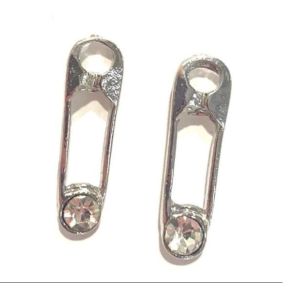 Safety Pin Earrings 2 Pairs Silver Tone Clear Rhinestones - Picture 3 of 6